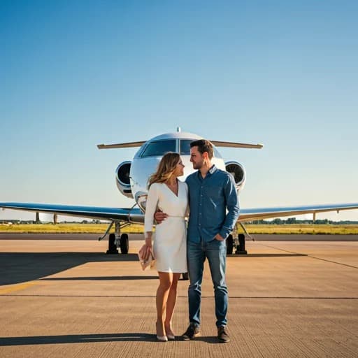Couple standing by a private jet